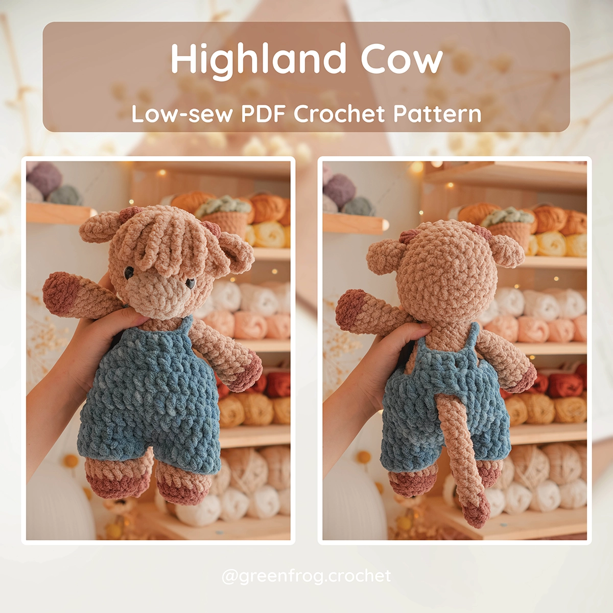 Highland Cow Calf in overalls Crochet Amigurumi Pattern