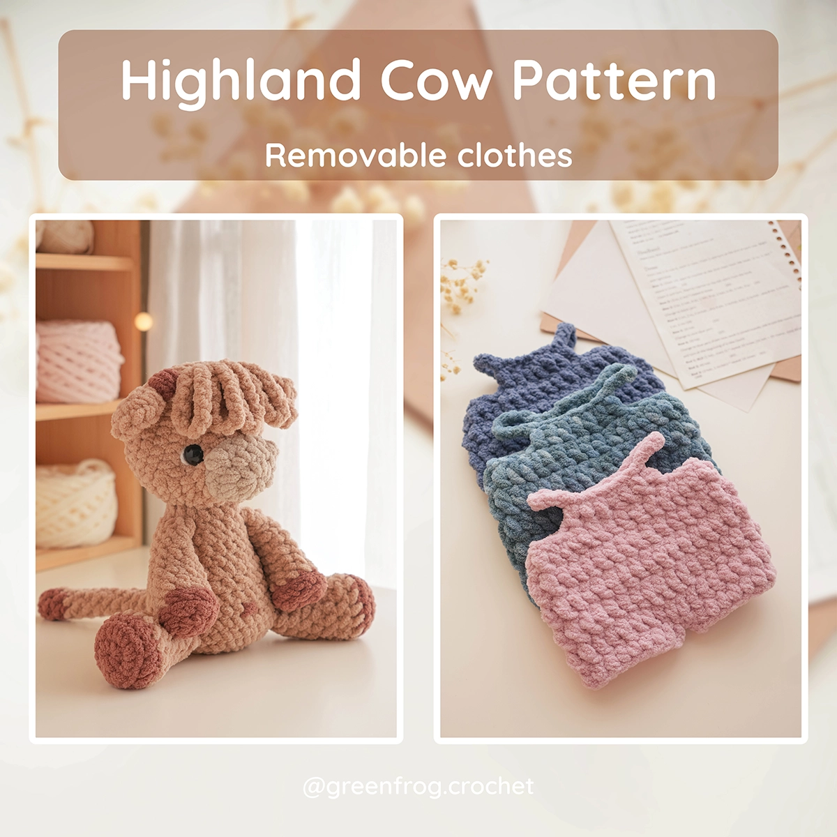 Highland Cow Calf in overalls Crochet Amigurumi Pattern